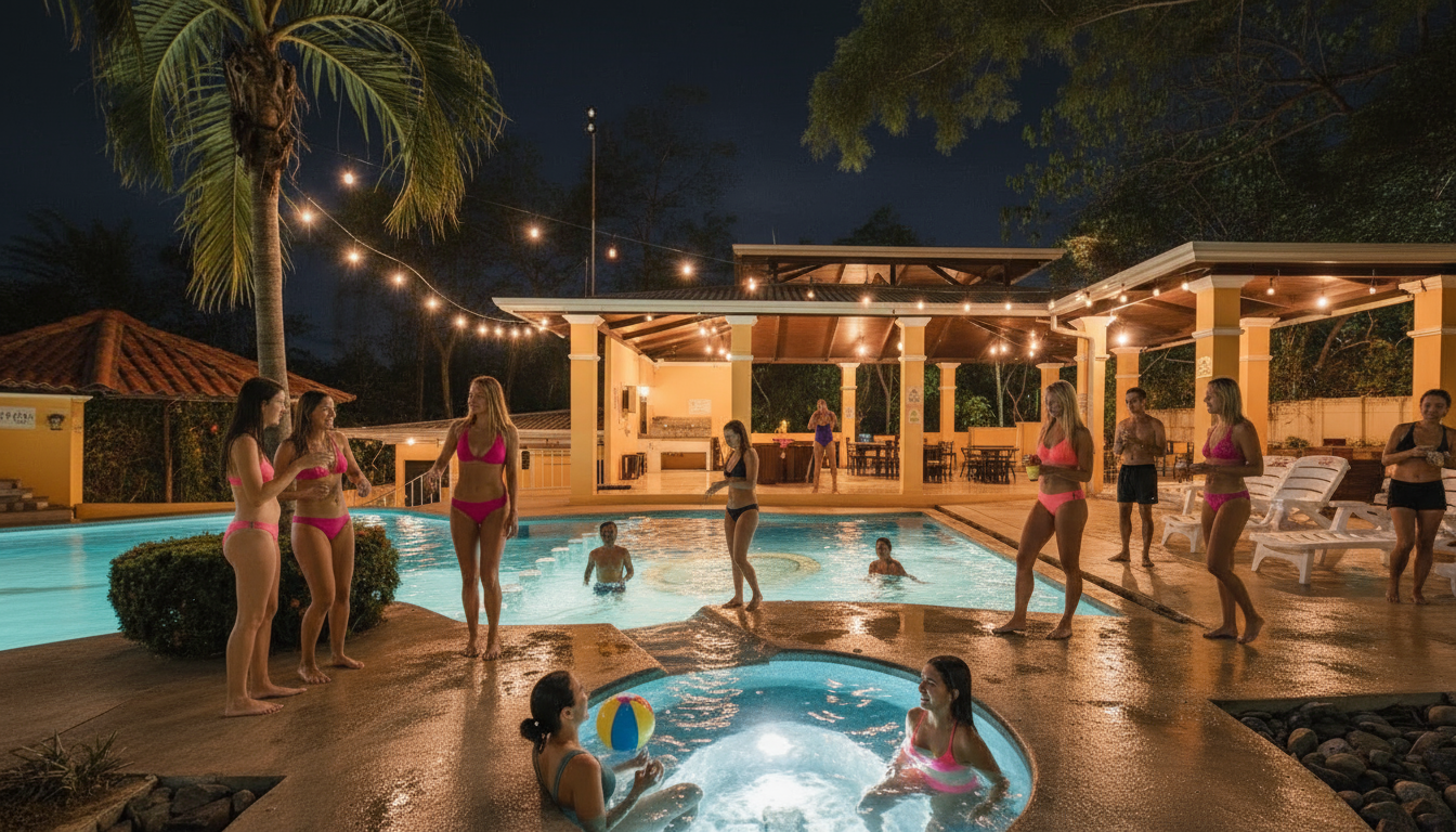 Villas Oasis Guacalillo at night with illuminated pool